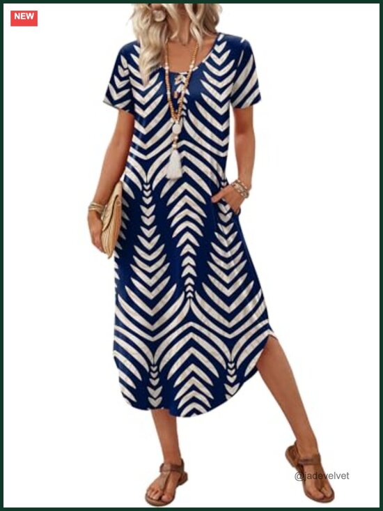 Dresses & Skirts - Women's Casual Midi T-Shirt Dress with Pockets, Lightweight Summer Beach